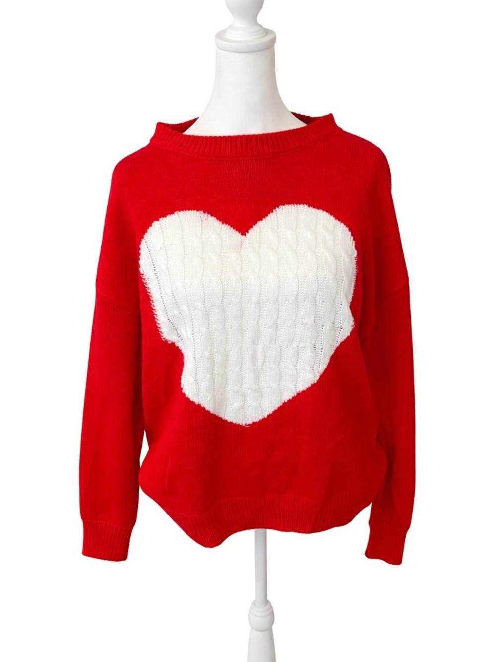 Red Heart Cable-Knit Sweater - White Heart Accent
